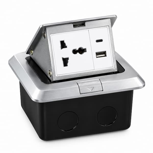 TOMA DE PISO DE ALUMINIO 2 ENCHUFES BRITANICOS + USB + TIPO C CARGA RAPIDA