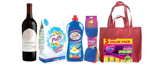 Combo Vino Sauvignon Blanco, Detergente en polvo 1,5kg, Detergente liquido 655ml, Paquete de 4 paños microfibra, Esponjas de fregar